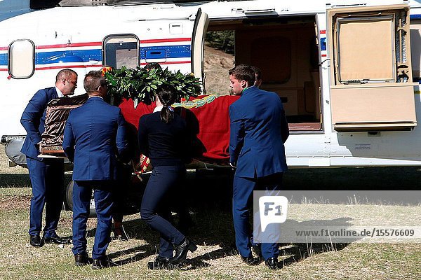 Burial of the body of Francisco Franco at Cemetery of Mingorrubio on October 24 2019 in El Pardo Spain.The body of dictator Gen. Francisco Franco has been exhumed from the grandiose mausoleum at the Valley of the Fallen before being transferred to cemetery of Mingorrubio in a Pantheon next to the mortal remains of his wife Carmen Polo.