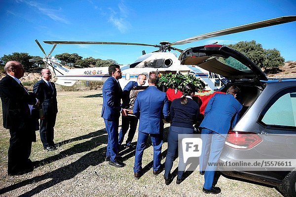 Burial of the body of Francisco Franco at Cemetery of Mingorrubio on October 24 2019 in El Pardo Spain.The body of dictator Gen. Francisco Franco has been exhumed from the grandiose mausoleum at the Valley of the Fallen before being transferred to cemetery of Mingorrubio in a Pantheon next to the mortal remains of his wife Carmen Polo.