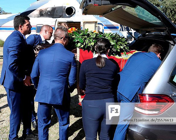 Burial of the body of Francisco Franco at Cemetery of Mingorrubio on October 24 2019 in El Pardo Spain.The body of dictator Gen. Francisco Franco has been exhumed from the grandiose mausoleum at the Valley of the Fallen before being transferred to cemetery of Mingorrubio in a Pantheon next to the mortal remains of his wife Carmen Polo.