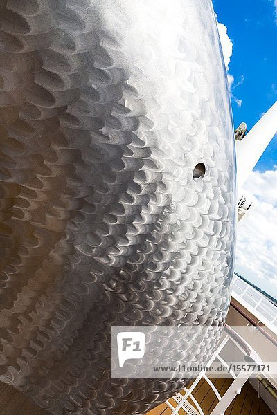 One of several propeller blades on the bow of the Cunard ship Queen Mary 2 nicknamed Commodore's Cufflinks.