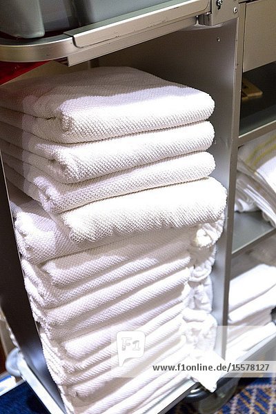 Clean towels for Passenger cabins. Cunard ship. Queen Mary 2. QM2.