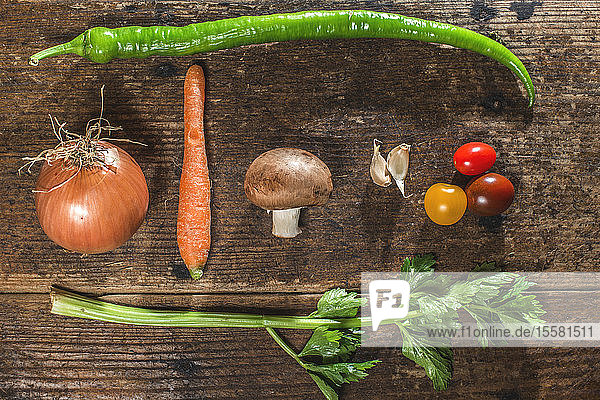 Kochzutaten  Zwiebel  Karotte  Knoblauch  Champignons  Tomaten  Sellerie und grüne Chilischote