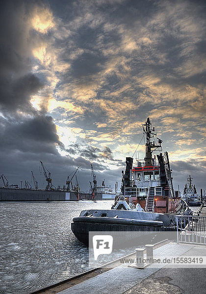 Deutschland  Hamburg  Blick auf Schlepper im Hafen im Winter