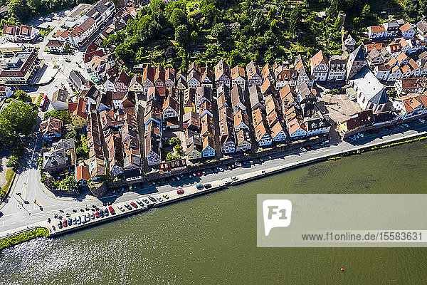 Luftaufnahme von Häusern am Neckar bei Sonnenschein  Hessen  Deutschland