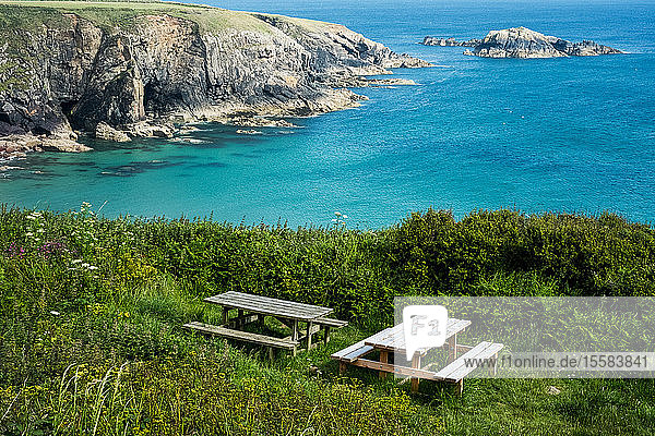 Hölzerne Picknicktische auf einer Klippe an der Küste von Pembrokeshire  Wales  Großbritannien.