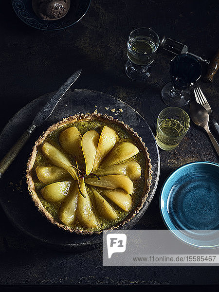Pistachio frangipane poached pear tart