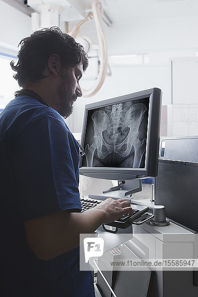 Junger männlicher Radiologe benutzt Computertastatur zur Ansicht von Beckenröntgenbildern in der Radiologieabteilung