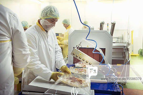 Workers on production line making gluten free pizzas in food factory in food factory