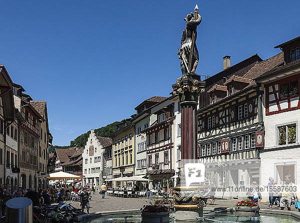 Straßenszene  Brunnen mit historischem Marktkreuz  Stein am Rhein  Kanton Schaffhausen  Schweiz
