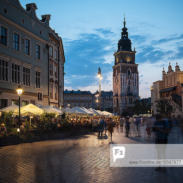 Rynek Glowny (Market Square) at dusk UNESCO World Heritage Site Krakow Malopolskie Poland
