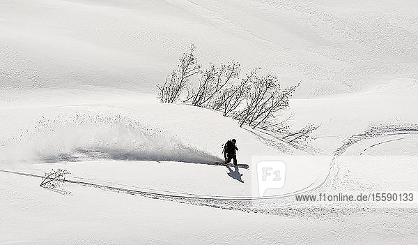 Ein Backcountry-Snowboarder beim Carven am Turnagain Pass  Southcentral  Alaska