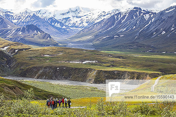 A Park Ranger leads a tour of visitors on a nature hike near the Eielson Visitor Center  Denali National Park and Preserve  Interior Alaska; Alaska  United States of America