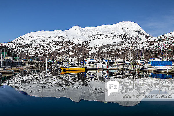Kleiner Bootshafen mit schöner Spiegelung im Wasser  Süd-Zentral-Alaska; Whittier  Alaska  Vereinigte Staaten von Amerika