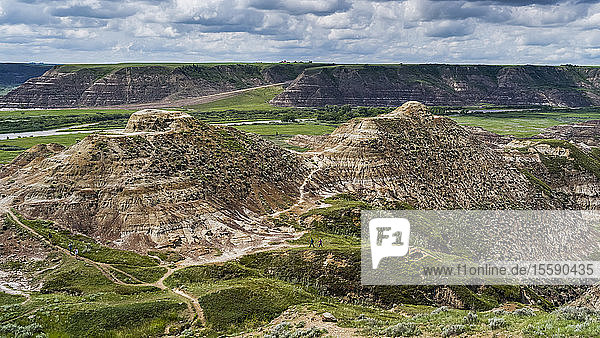 Tourists on a trail in Horse Thief Canyon Starland County; Alberta Canada