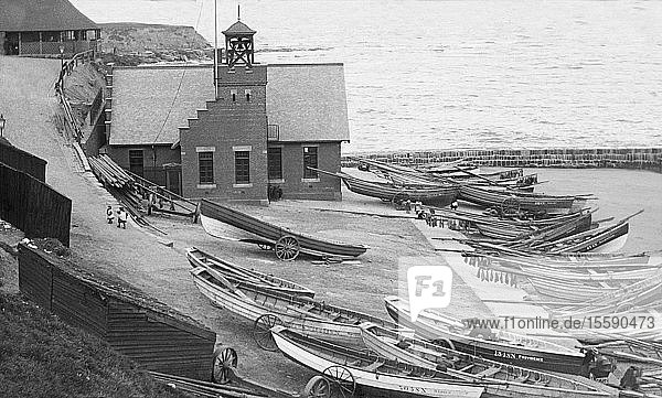 Negative circa 1900  Victorian era. Cullercoats Bay with coble fishing boats; Cullercoats  Tyne and Wear  England
