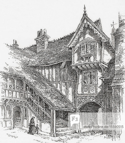 The Lord Leycester Hospital aka the Lord Leycester  Warwick  Warwickshire  England  seen here in the 19th century. From English Pictures  published 1890.