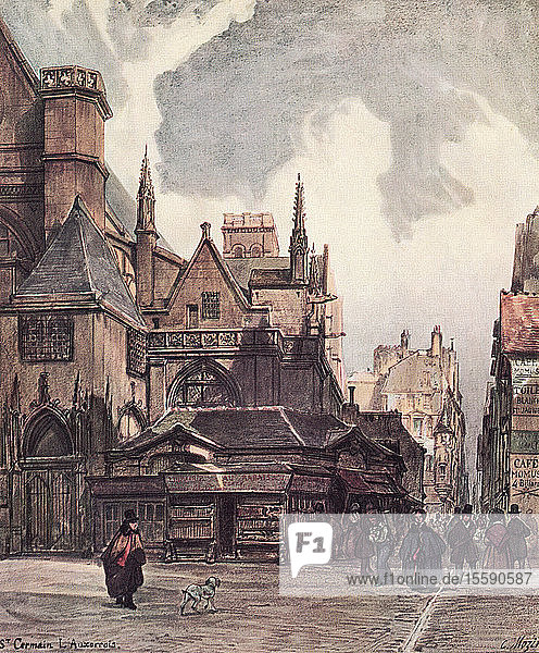 L'Ã©glise Saint-Germain-l'Auxerrois and Le Rue des Pretres  Paris  France in the 19th century. After the painting by Charles Louis Mozin. From L'Illustration  published 1936.