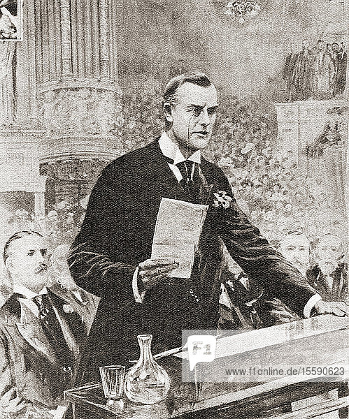 Die Antrittsrede von Joseph Chamberlain in Glasgow  Schottland  1903. Joseph Chamberlain  1836 â€ 1914. Britischer Staatsmann  der zunÃ?chst ein radikaler Liberaler war und dann  nachdem er sich gegen die Selbstverwaltung Irlands ausgesprochen hatte  ein liberaler Unionist.