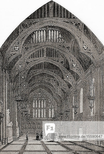 Interior of the medieval Guildhall Great Hall  London  England in the 19th century. From London Pictures  published 1890.