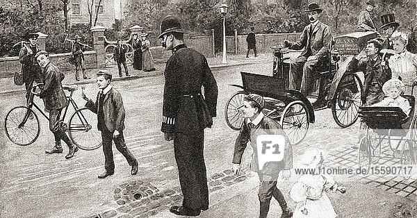 The Act of Parliament passed in 1896 which enabled motor cars to be used on British roads contained an irksome proviso which stipulated that each vehicle had to be preceded by a person carrying a red flag. Seen here  a driver ironically employs a small boy to carry a minute red square.