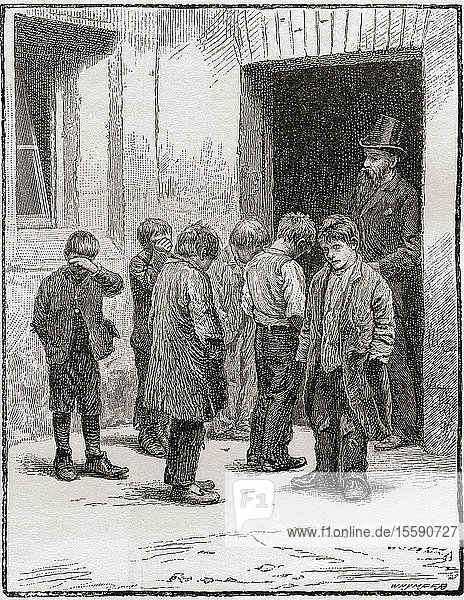 A visit from the school board inspector in Victorian London. From London Pictures published 1890.