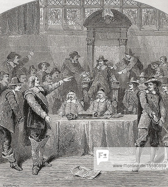 John Eliot war ein Verfechter der Redefreiheit im Unterhaus. Während des Parlaments von 1629 legte Eliot drei Entschließungen vor  in denen er die illegale Steuer- und Religionspolitik von Karl I. verurteilte. Karl ordnete die Vertagung des Parlaments an  aber Eliot ließ den Sprecher des Unterhauses  Sir John Finch  von Denzil Holles und Benjamin Valentine auf seinem Stuhl festhalten  bis die Resolutionen verlesen waren. Daraufhin wurden Eliot und andere verhaftet und im Tower of London inhaftiert. Sir John Eliot  1592 â€ 1632. Englischer Staatsmann. Aus London Pictures  verÃ¶ffentlicht 1890