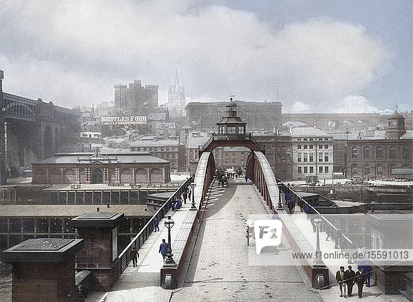 Postcard circa 1900  Victorian/Edwardian  social history. Swing Bridge and High Level bridge with horse and carts; Newcastle Upon Tyne  Tyne and Wear  England