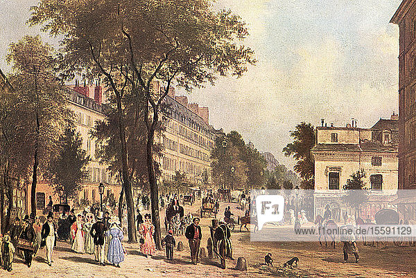 Les Grands Boulevards  from Le Boulevard des Italiens in the direction of Le Boulevard Montmartre  Paris  France in the 19th century. After the painting by J. Canella. From L'Illustration  published 1936.
