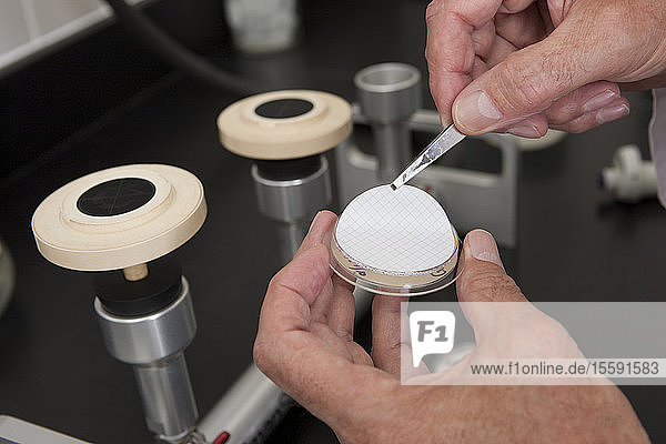 Wissenschaftler  der im Labor einer Wasseraufbereitungsanlage einen Probenfilter mit einer Pinzette einsetzt