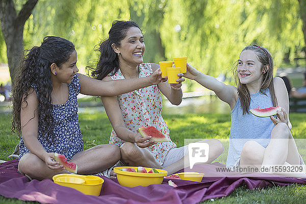 Glückliche hispanische Familie beim Picknick im Park