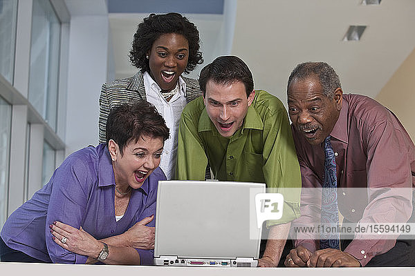 Business executives using a laptop and smiling