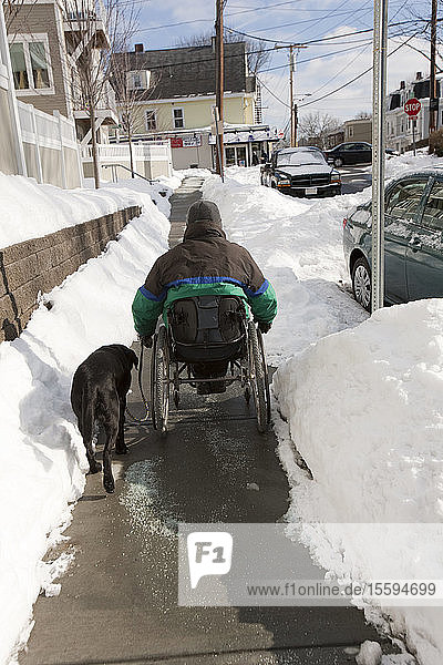 Frau mit Multipler Sklerose in einem Rollstuhl mit einem Diensthund auf einer verschneiten Straße