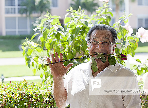 Älterer Mann hält eine Blume zwischen den Zähnen