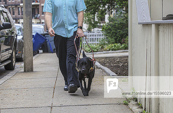 Mann mit Sehbehinderung geht mit seinem Diensthund spazieren