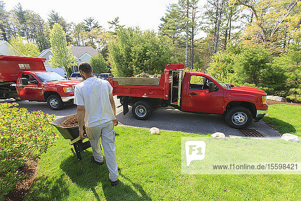 Landschaftsgärtner transportiert Mulch von einem Lastwagen