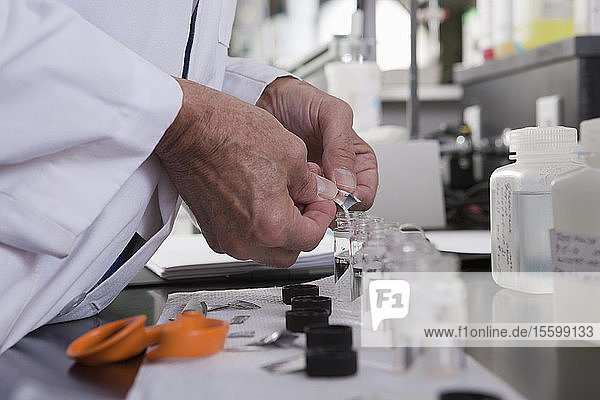Wissenschaftlerin  die im Labor einer Wasseraufbereitungsanlage eine präzise Probe fester Chemikalien in Probengefäße gibt