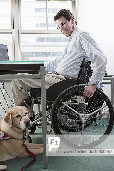 Mann im Rollstuhl mit einer Rückenmarksverletzung am Schreibtisch in einem Heimbüro mit einem Diensthund