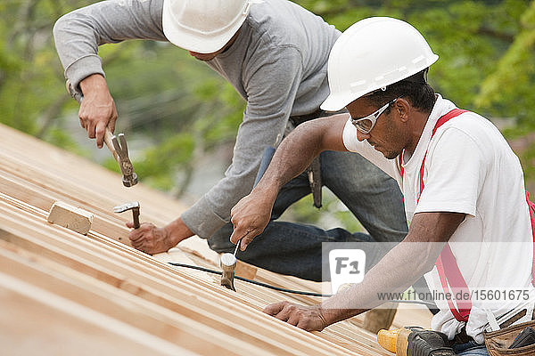 Hispanic carpenters using hammers on the roof of an under construction house