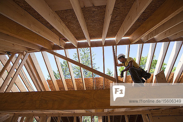 Hispanic carpenter using circular saw on rafter at a house under construction