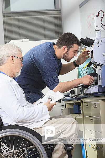 Professor mit Muskeldystrophie bei der Arbeit mit einem Ingenieurstudenten  der den Röntgenfluoreszenzanalysator in einem Labor einstellt