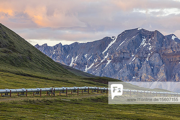 The Trans-Alaska Pipeline stretches across the tundra beneath the craggy mountains of the Brooks Range; Alaska  United States of America