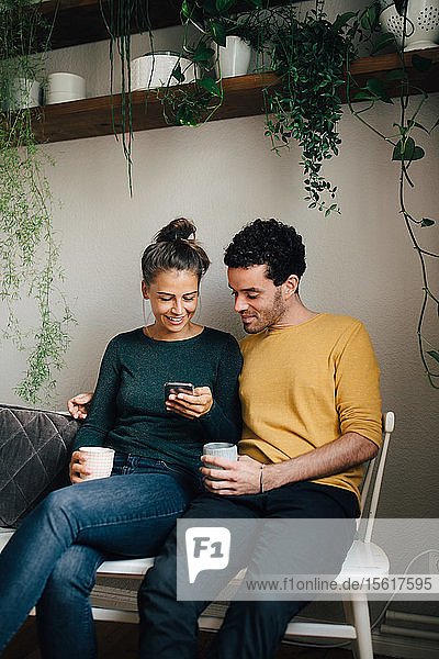 Lächelnder Freund und Freundin  die beim Kaffee im Wohnzimmer auf das Handy schauen