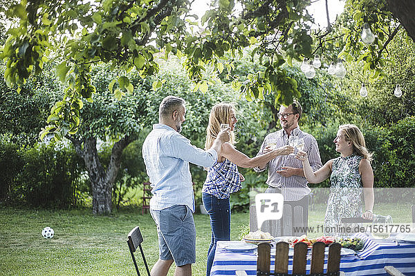 Glückliche Freunde klimpern beim Weinglas  während sie während der Wochenendparty im Hinterhof stehen