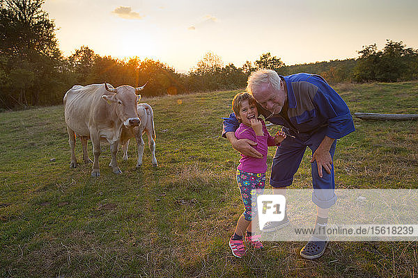 Farmer Anton with his granddaughter Anja at the tourist farm Janezinovi in the village of Ratecevo Brdo  which is part of the Ilirska Bistrica municipality  in south-eastern Slovenia. The homestead is located at an elevation of 500 m above the sea level  amidst pleasant nature and far away from the city hustle and bustle. The spot is ideal either for rest or entertainment as the surrounding meadows  pastures and forests present an excellent environment in which to relax and reconnect with nature.
