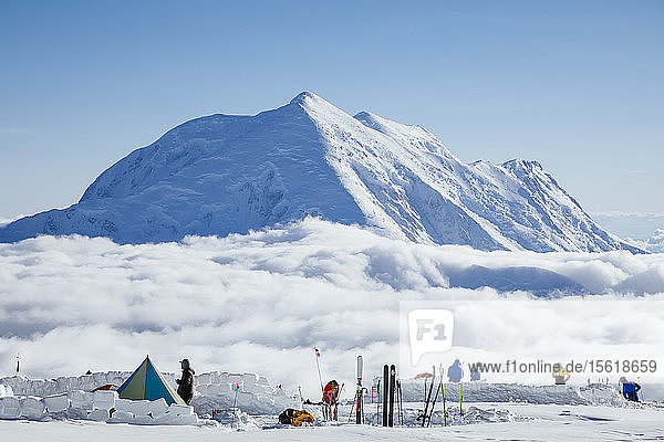 People and tents at camp on Denali  Denali National Park  Alaska  USA