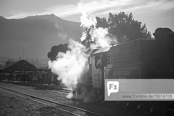 Train arriving at crowded railroad station  Esquel  Chubut  Argentina