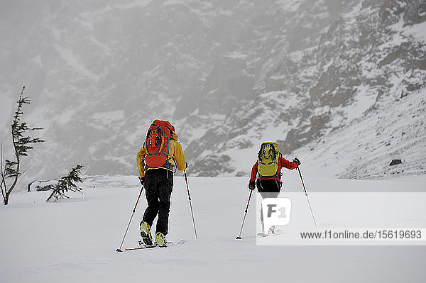 Climbers approach the North Face of Ptarmigan Peak (4 910 feet) on skis during a stormy day in Chugach State Park  near Anchorage  Alaska February 2011. (Model Release: Agnes Hage  Kyle Irwin)