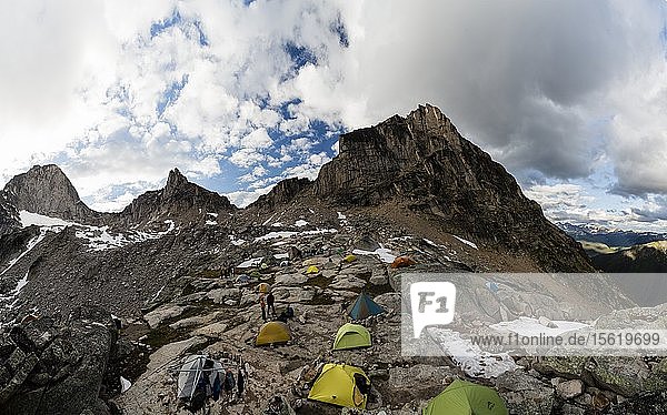 Applebee Dome campground  Bugaboos  British Columbia  Canada. The main base camp for the climbers and hikers that intend to do activity in the Bugaboos park.
