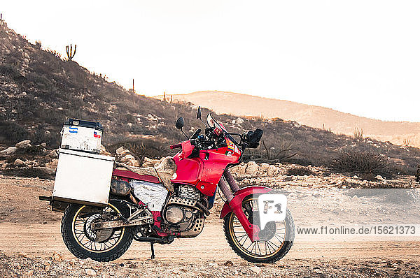 Seitenansicht eines einzelnen roten Motorrads  das auf einer unbefestigten Straße geparkt ist  Cabo San Lucas  Baja California Sur  Mexiko