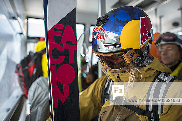 Professional skier wearing skiwear Monterosa Ski mountain resort in Gressoney Aosta Italy